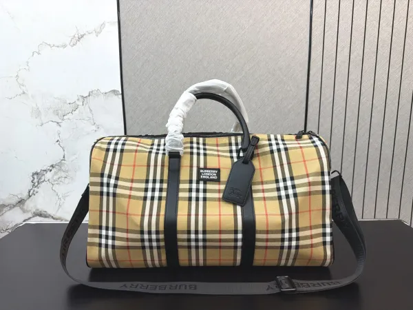 Burberry Vintage Check Duffle Bag Beige Plaid Travel Bag - 1