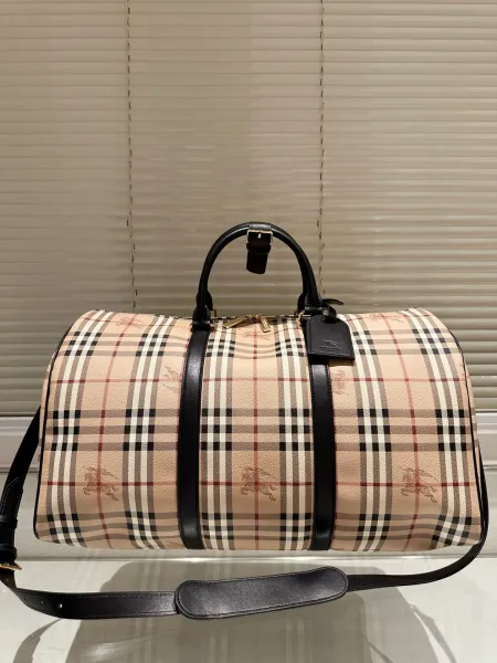 Burberry Vintage Check Duffle Bag Beige Plaid Travel Bag - 1