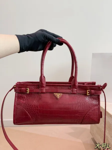 Prada Cahier Croc-Embossed Burgundy Leather Handbag - 1