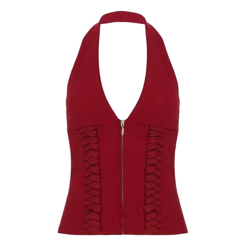 A halter-neck deep-collared vest
