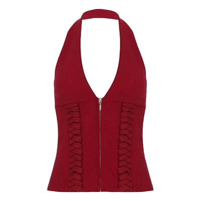 A halter-neck deep-collared vest