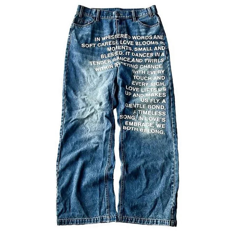 American High-Street Style Wide-Leg Jeans with Verse Print