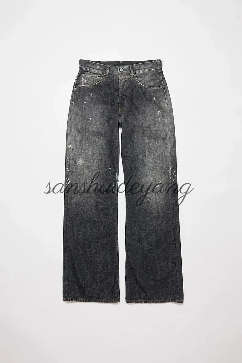 High-Street Style Black & Grey Distressed, Paint-Splattered Wide-Leg Jeans