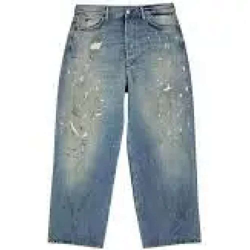 Washed, Distressed, Splatter-Paint, Ripped Wide-Leg Jeans