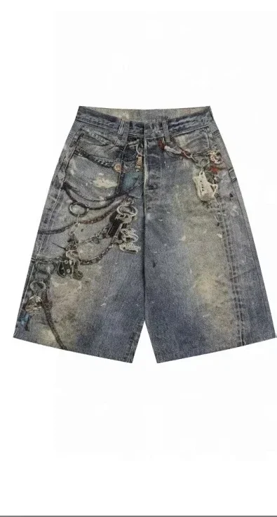 High-Street Wasteland Style Heavy-Duty Printed Denim Shorts