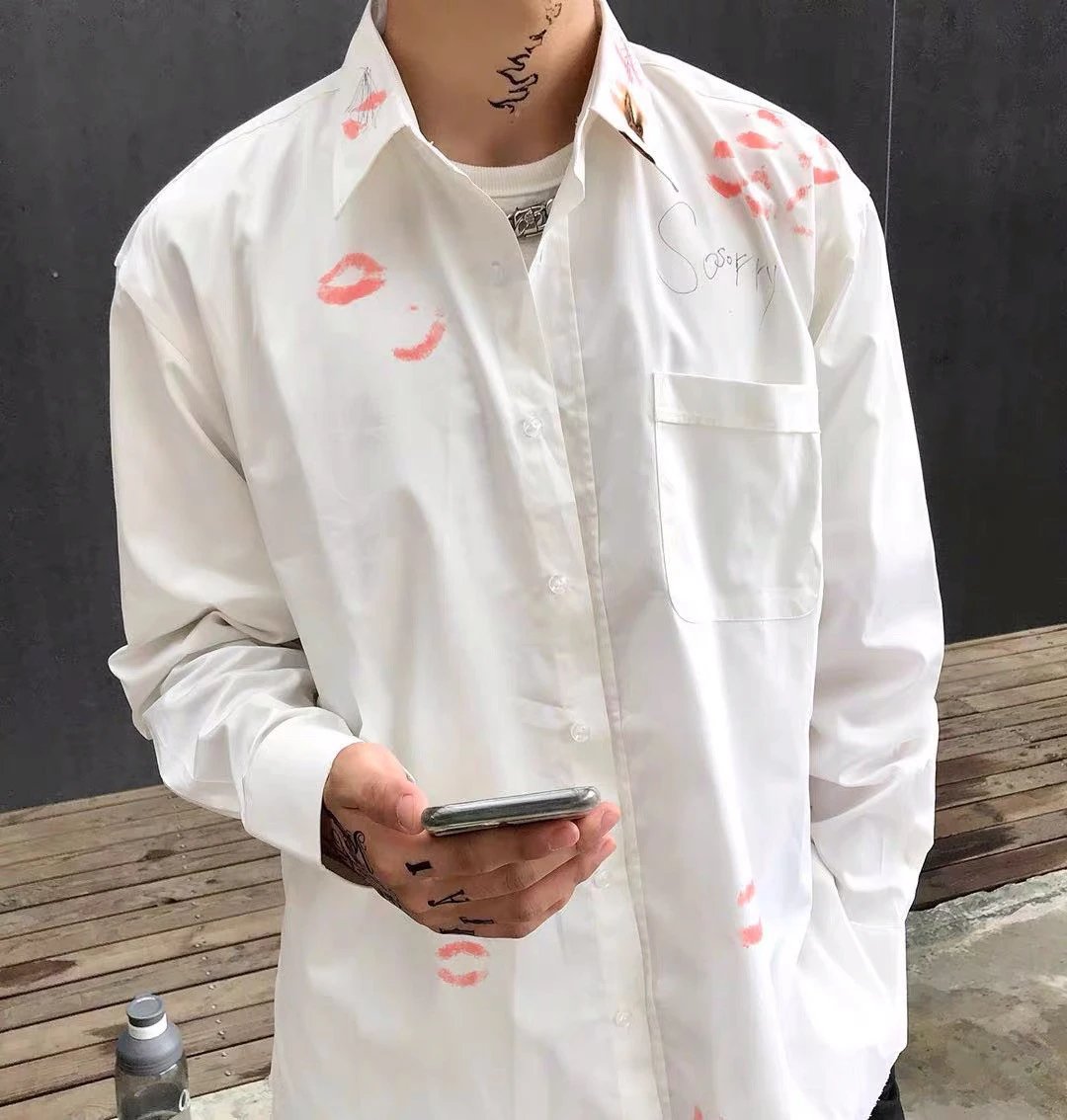 Red Lip Print Hand-Painted Graffiti Pointed Collar Shirt