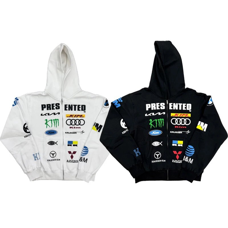 Parody Pattern Racing Zipper Hooded Jacket