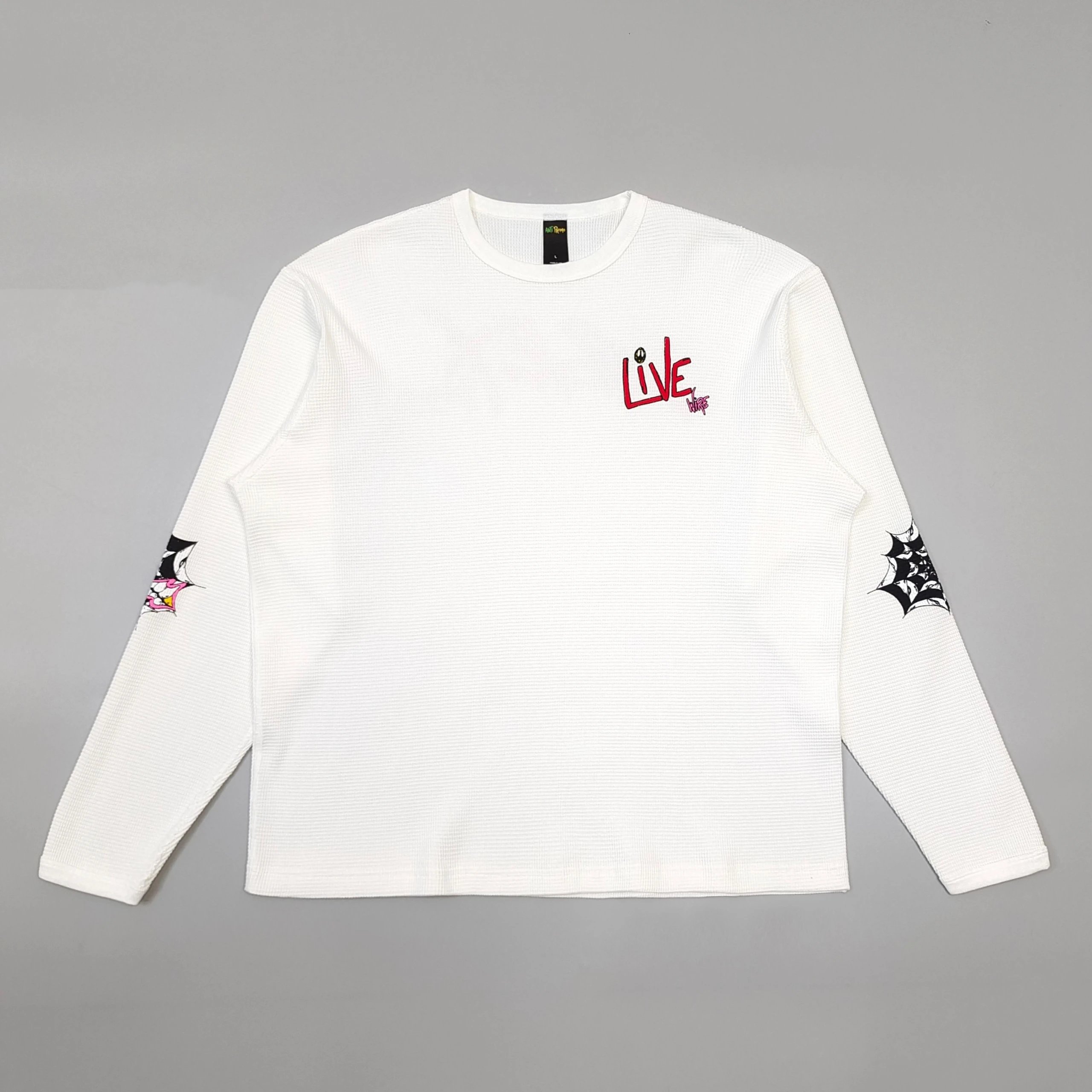 Spiderweb Letter Print Waffle Long-Sleeved T-Shirt