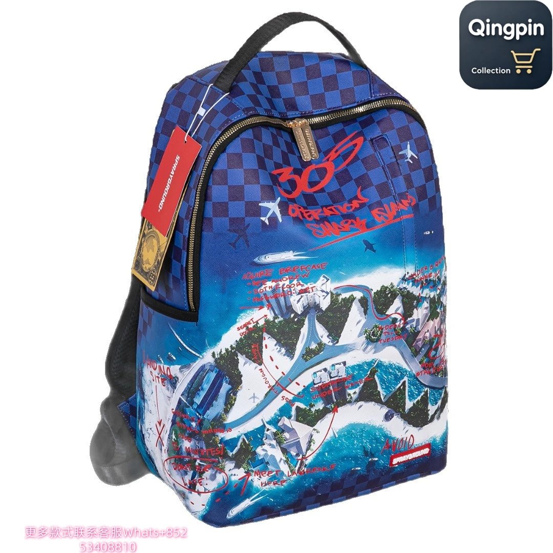 Sprayground x James First Class The 305 Shark Island Bank Heist Backpack 20L Blue Checkered Multicolor