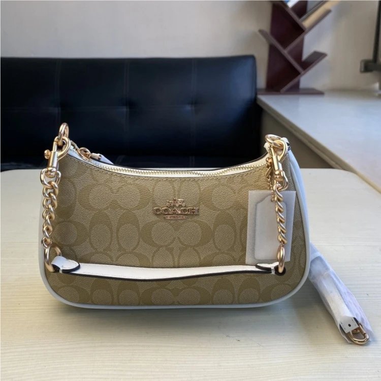 Coach Handbags Signature canvas satchel with detachable shoulder strap — 16 Khaki white