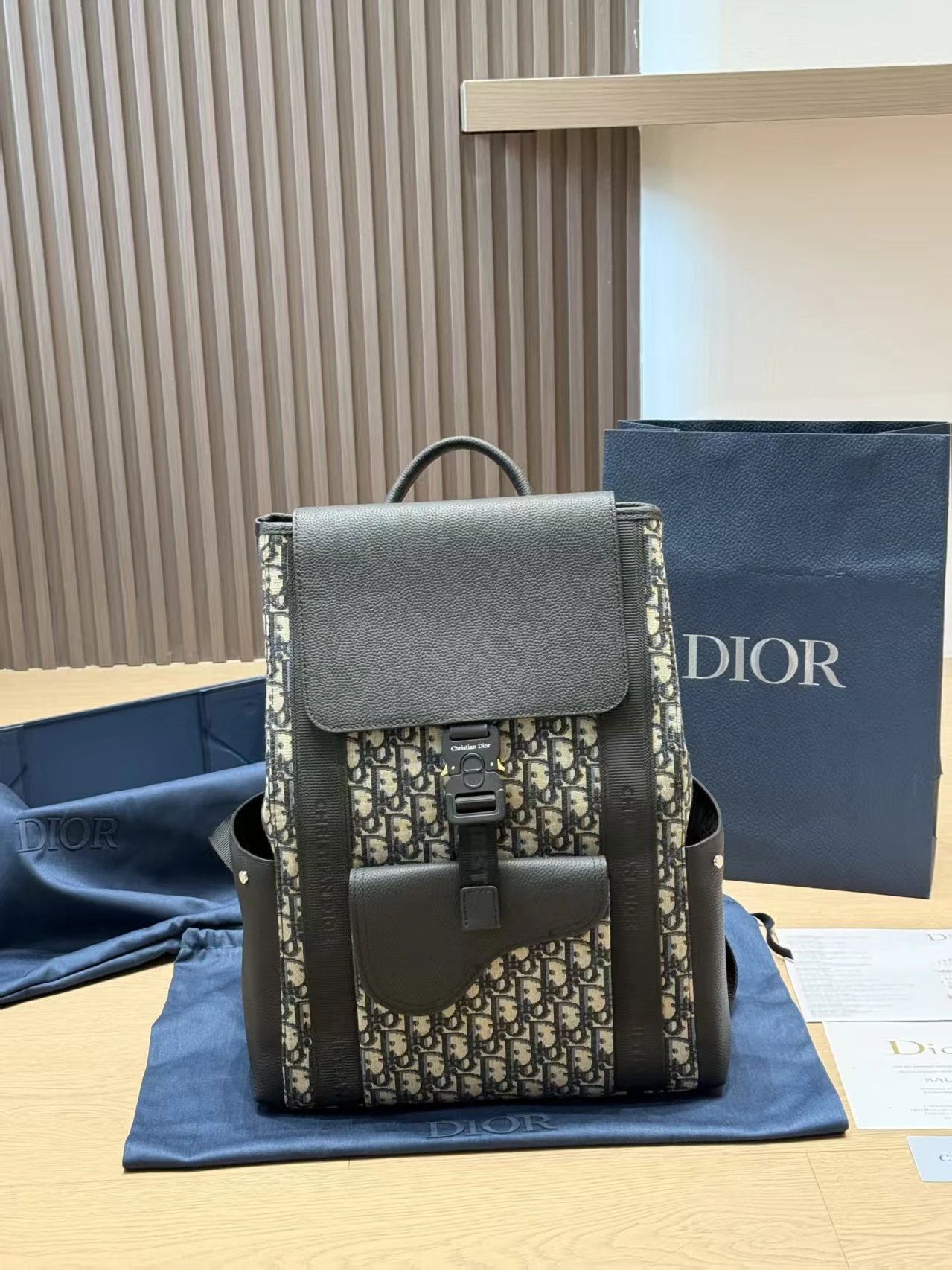 Dior Backpacks Oblique canvas flap backpack with front pocket — D-ior Oblique Brown 44*32 CM