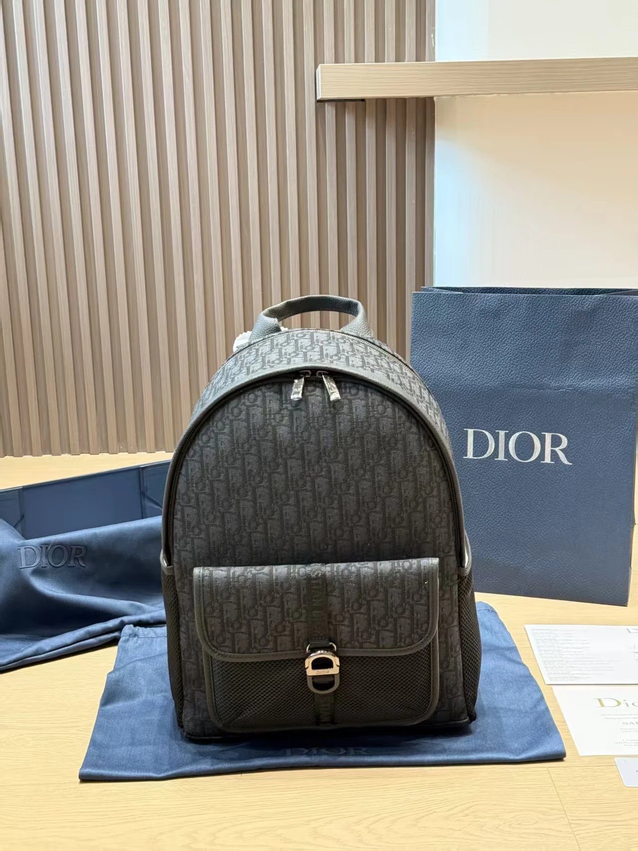 Dior Backpacks Oblique canvas flap backpack with front pocket — D-ior Oblique Black 38*20 CM