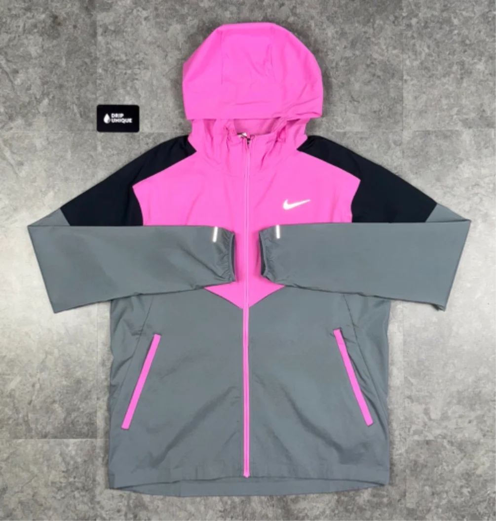 Nike Pink-Grey-Black Colorblock Running Hooded Windbreaker