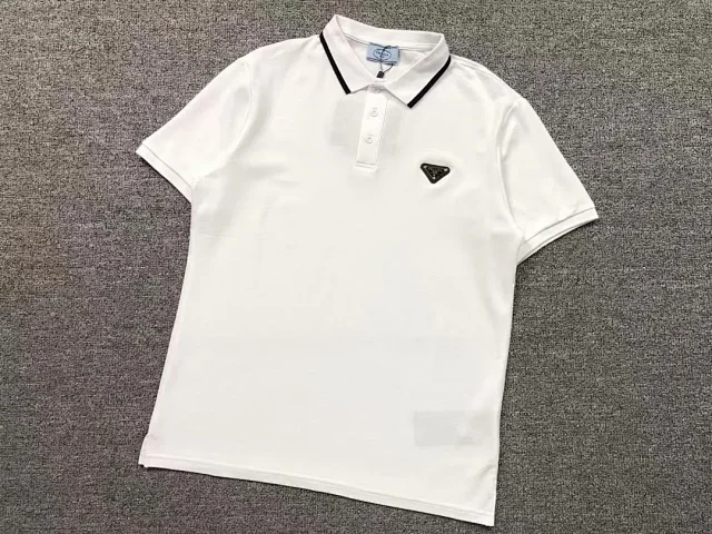 Prada Shirts Short-sleeve polo shirt with contrast-trim collar and triangle logo plaque product detail image 4