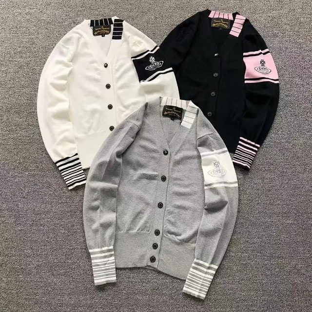 Vivienne Westwood Knitwear V-neck button-front cardigan with Orb sleeve motif and striped cuffs product detail image 1