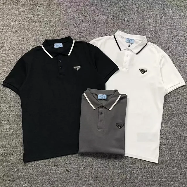 Prada Shirts Short-sleeve polo shirt with contrast-trim collar and triangle logo plaque product detail image 1