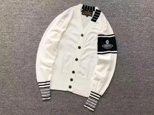 Vivienne Westwood Knitwear V-neck button-front cardigan with Orb sleeve motif and striped cuffs product detail image 3