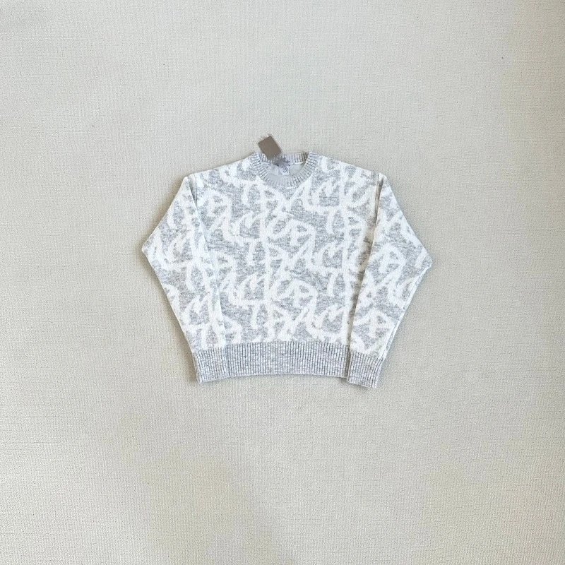 Abstract Pattern Gray White Knit Crewneck Sweater