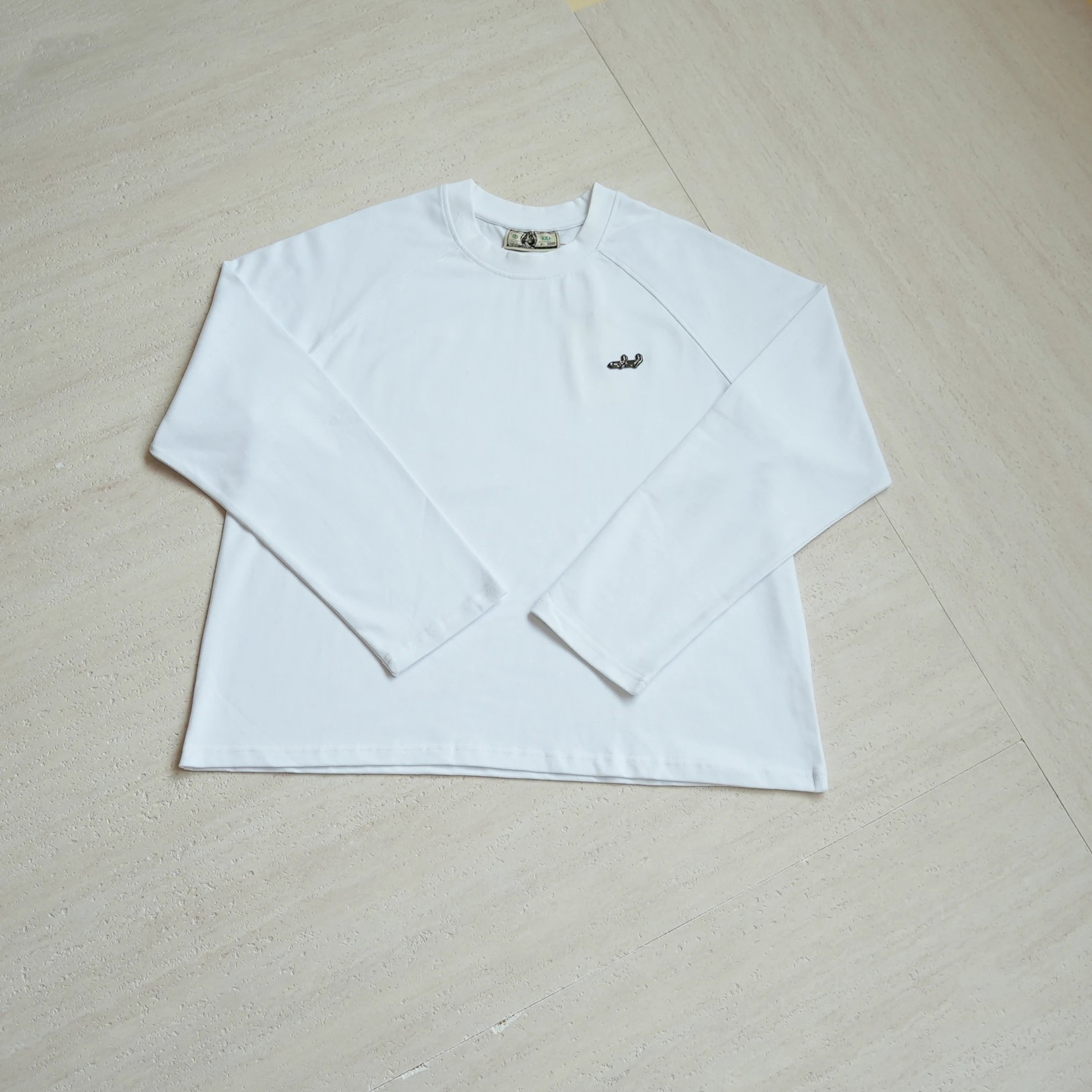 White Long Sleeve Crewneck T-Shirt Minimalist Embroidered Logo