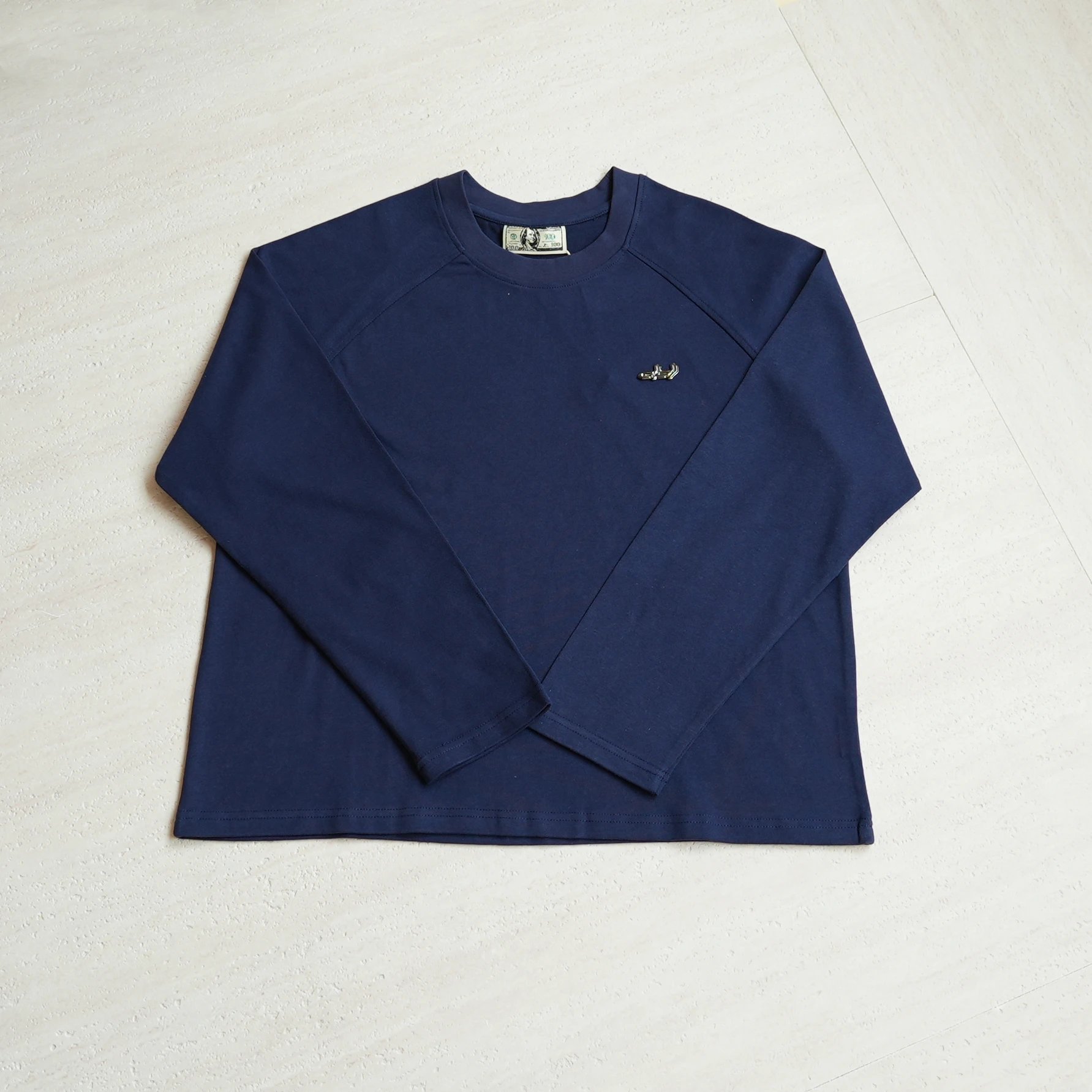 Navy Blue Long Sleeve Crewneck T-Shirt with Small Logo
