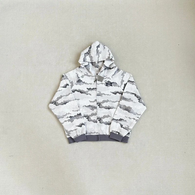 Camouflage Print Hooded Zip-Up Jacket White Gray Streetwear