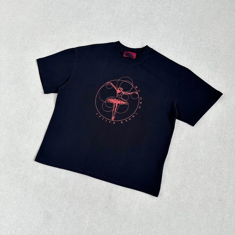 Black Cotton T-Shirt With Red Ballet Graphic Artistic Crewneck