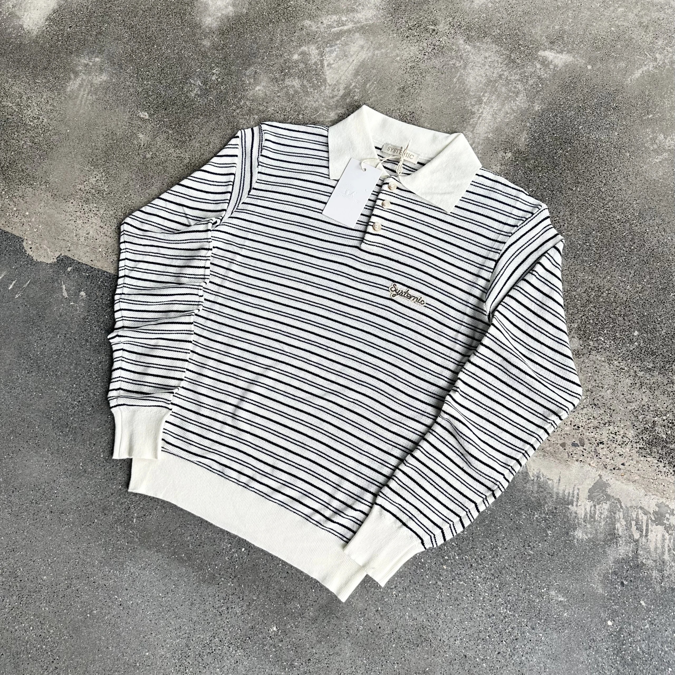 Systemic Striped White Black Collar Knit Polo Sweater