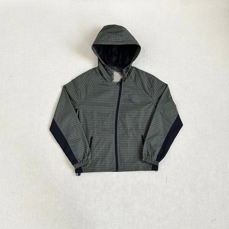 Grid Pattern Hooded Jacket Dark Green Black Contrast Sporty Windbreaker