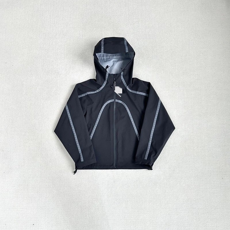 Black Hooded Windbreaker Jacket with Gray Reflective Stripes