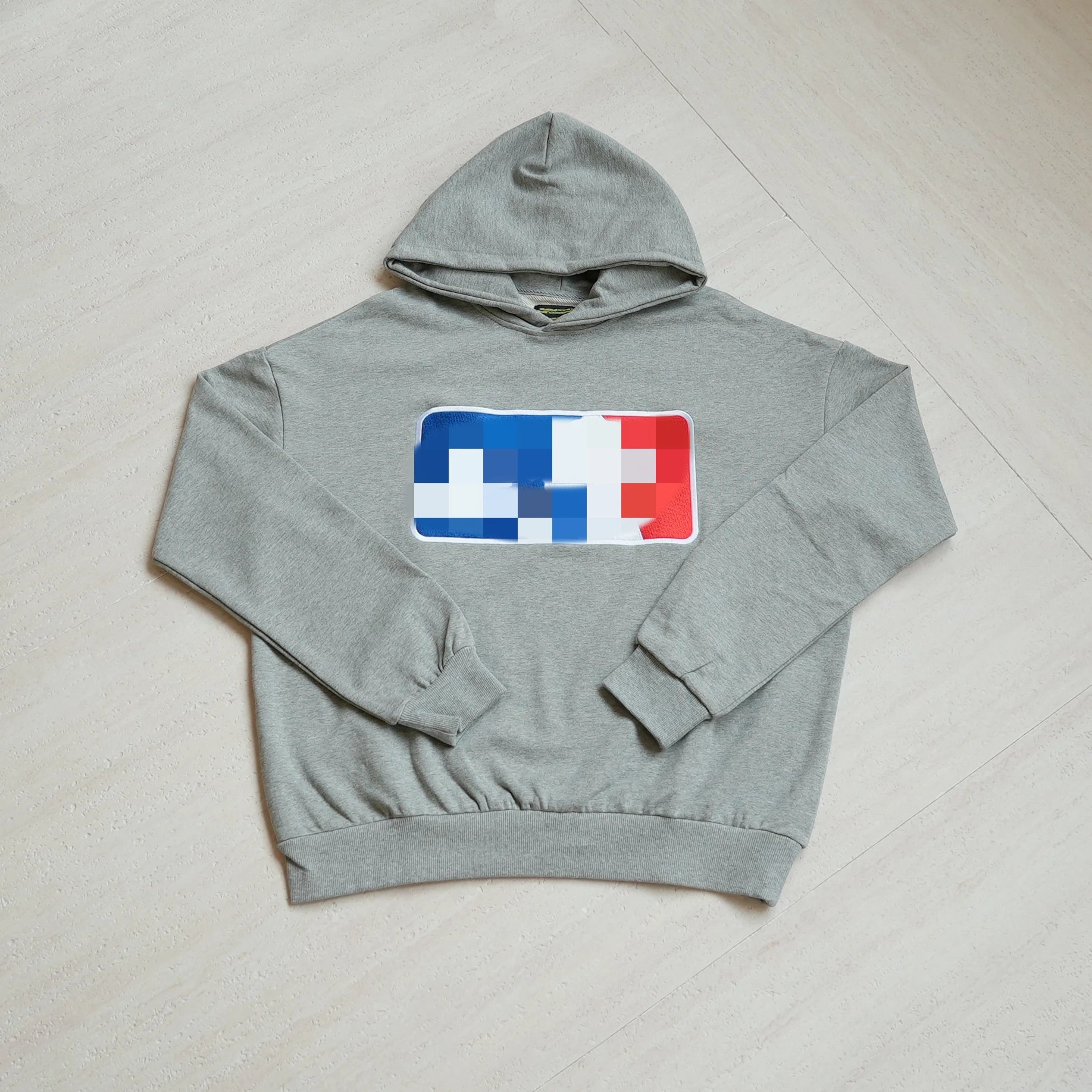 Gray Hooded Sweatshirt With Pixelated Flag Graphic Casual Pullover