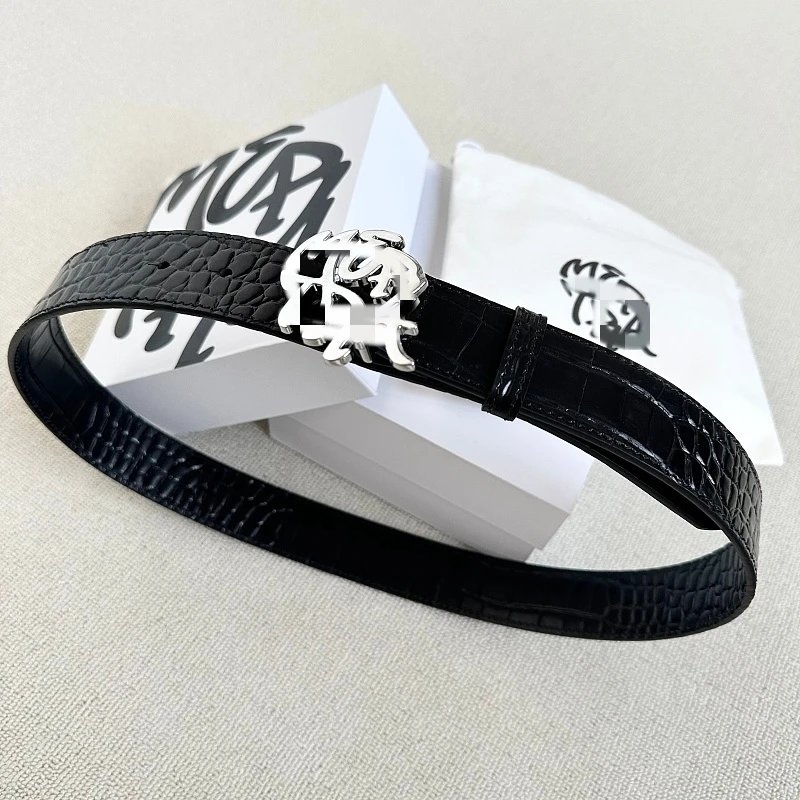 Crocodile Texture Black Leather Belt With Silver Dragon Buckle