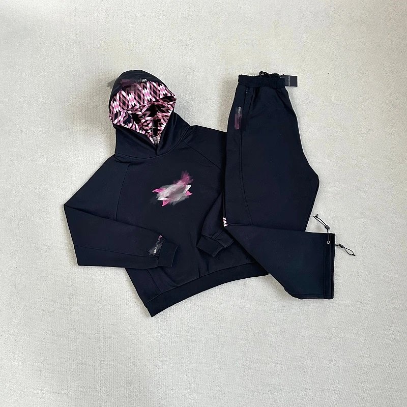 Black Hooded Sweatshirt With Pink Geometric Lining And Graphic Print Matching Jogger Pants Set