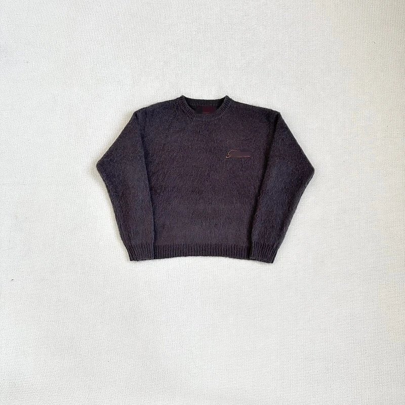 Dark Gray Crewneck Knit Sweater With Small Embroidered Logo