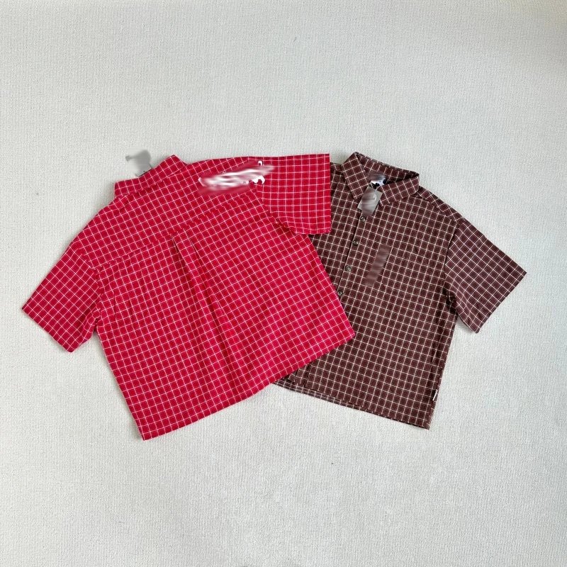 Cotton Short Sleeve Grid Pattern Red Brown Casual Shirt