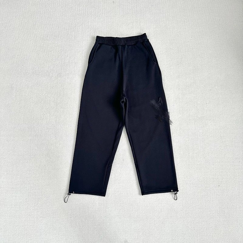 Black Drawstring Cuff Jogger Pants with Embroidered Detail