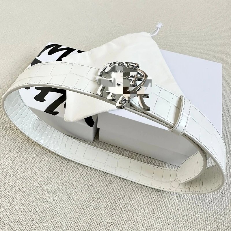 White Croc-Embossed Leather Belt Silver Horsebit Buckle Classic