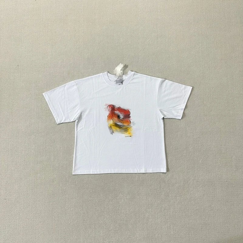 White Cotton T-Shirt With Abstract Red Orange Yellow Print Casual Crop Top