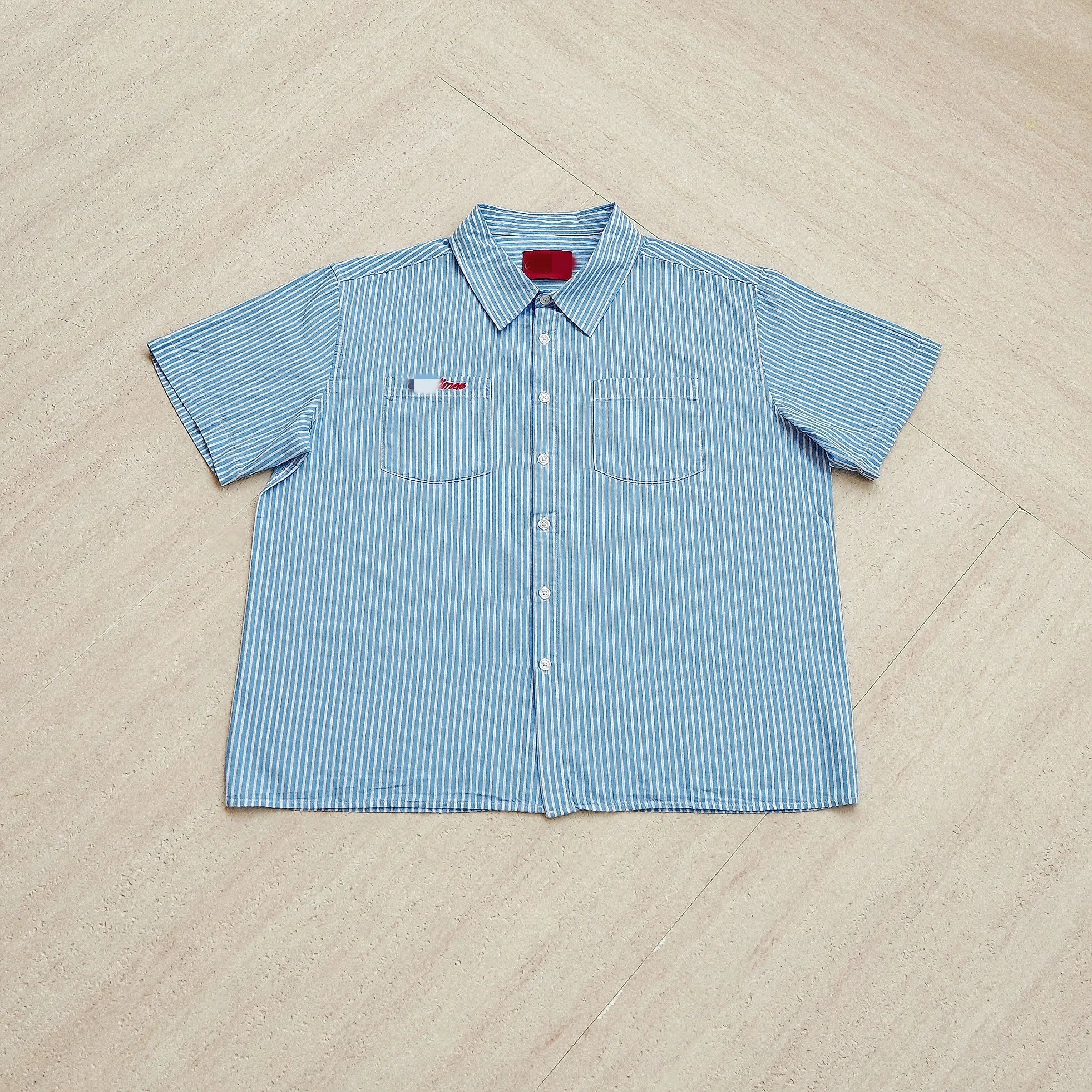 Striped Cotton Short Sleeve Button Up Shirt Blue White Classic