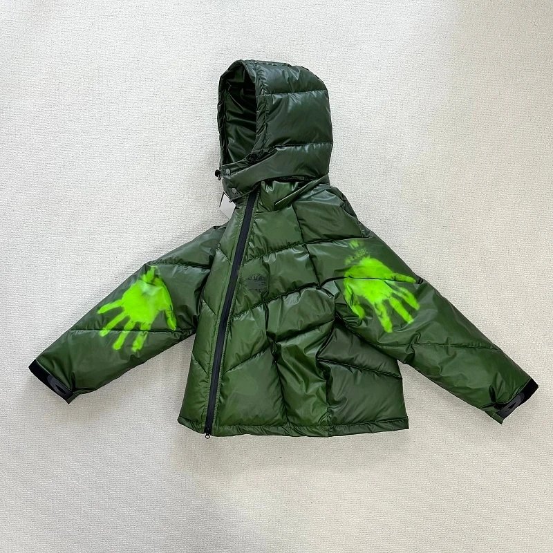 Olive Green Puffer Jacket with Neon Green Handprint Graphic Hooded Style