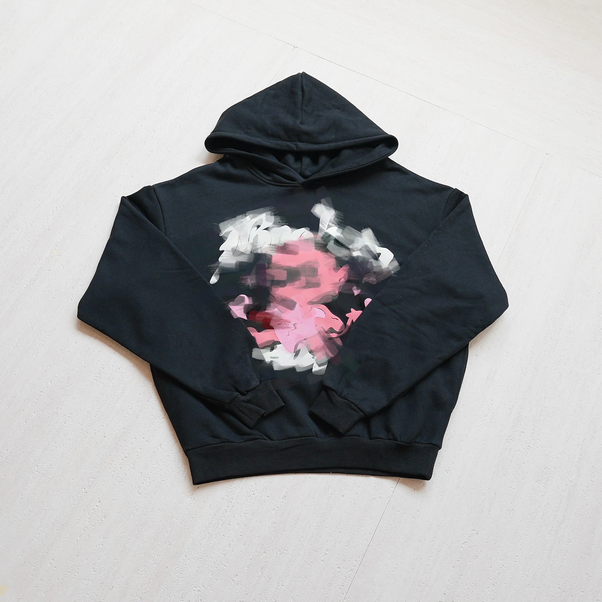 Black Hooded Sweatshirt With Abstract Pink And White Graphic Print