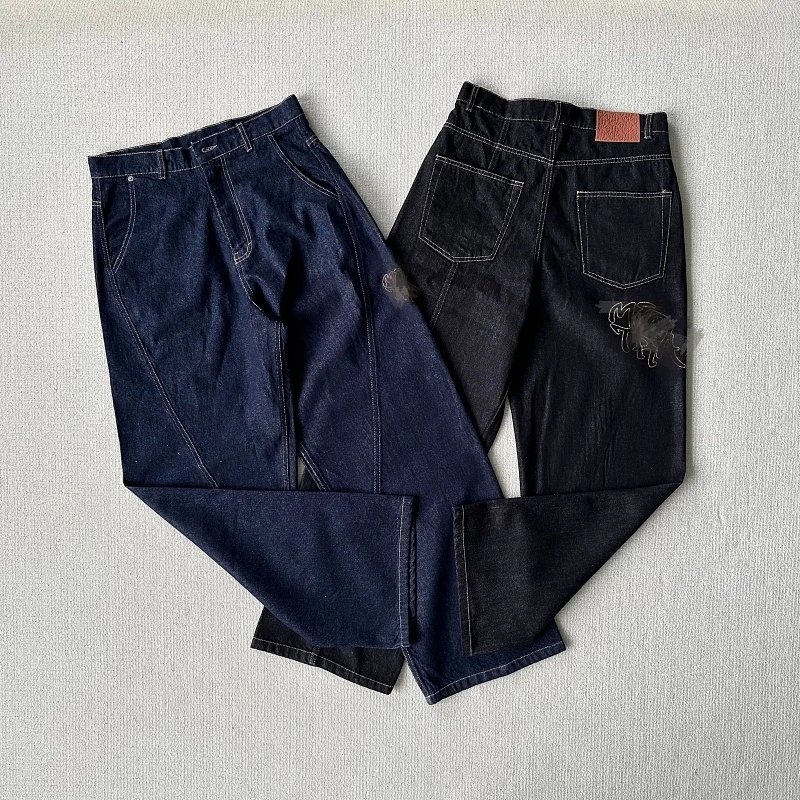 Denim Jeans Dark Blue Distressed Straight Fit
