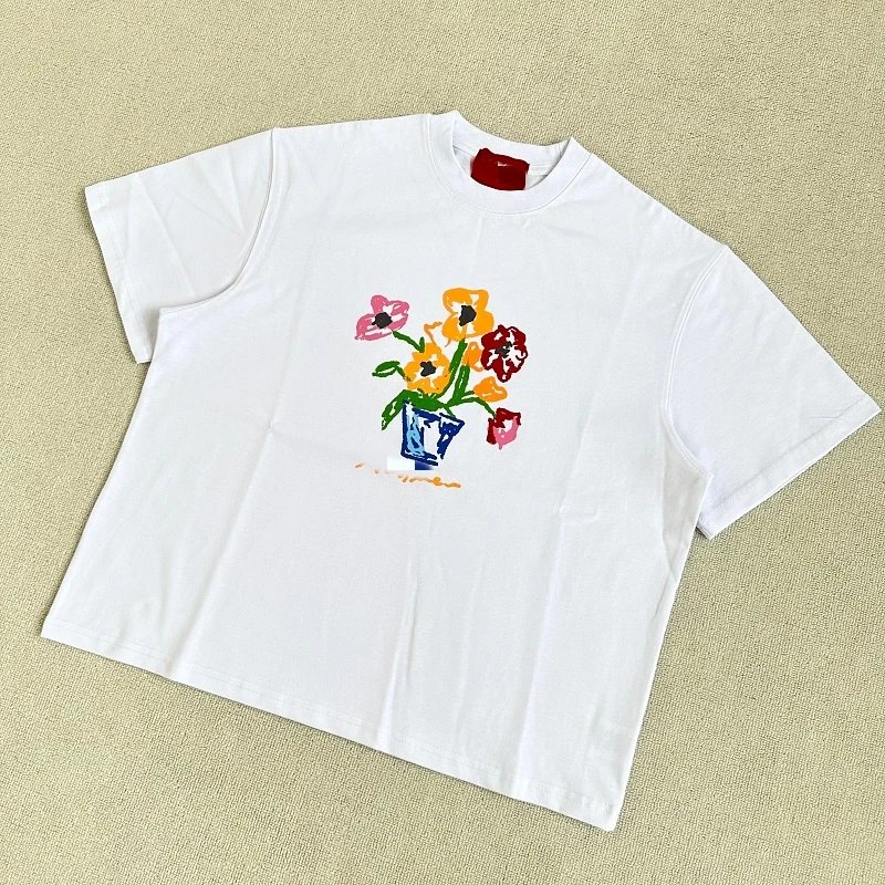 White Cotton T-Shirt with Floral Vase Print Casual Graphic Tee