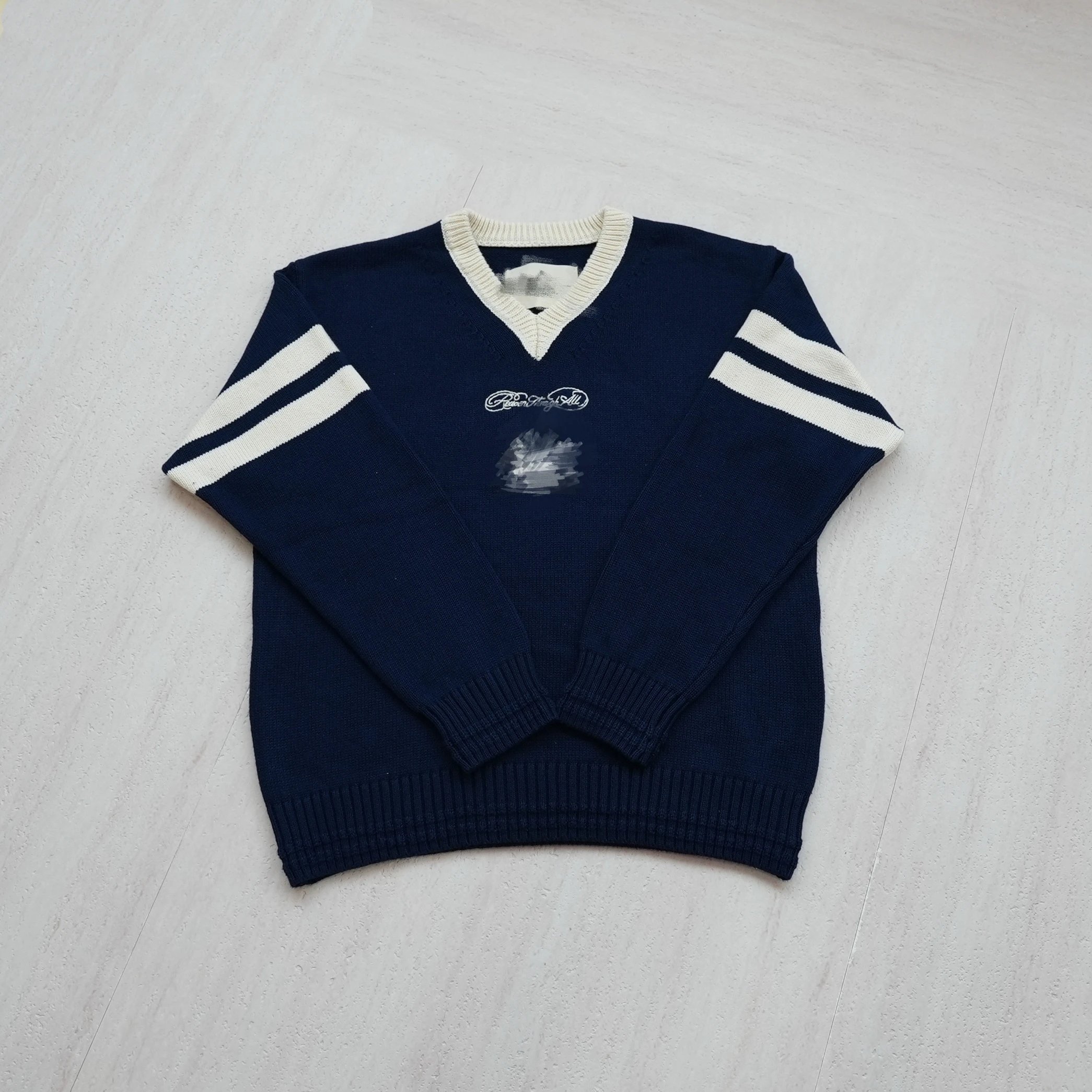 Navy Blue V-Neck Knit Sweater with White Striped Sleeves and Embroidered Logo