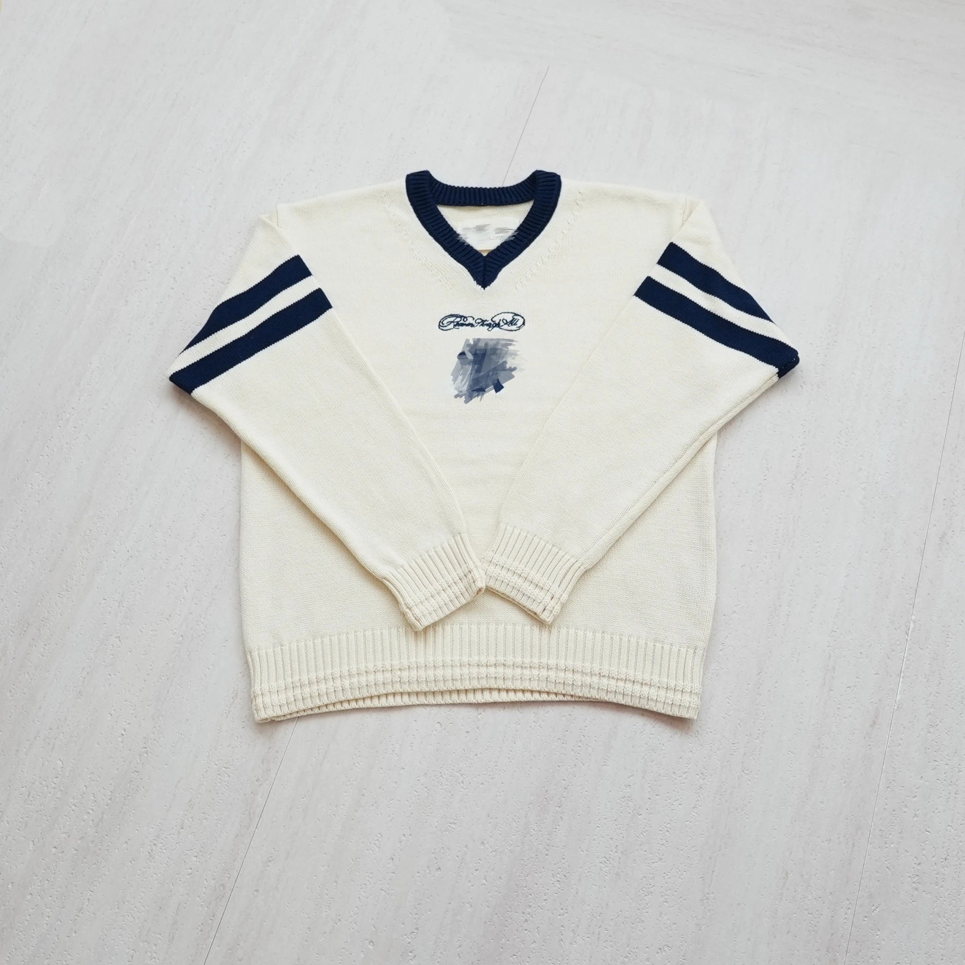 Cream V-Neck Knit Sweater Navy Striped Sleeves Sporty