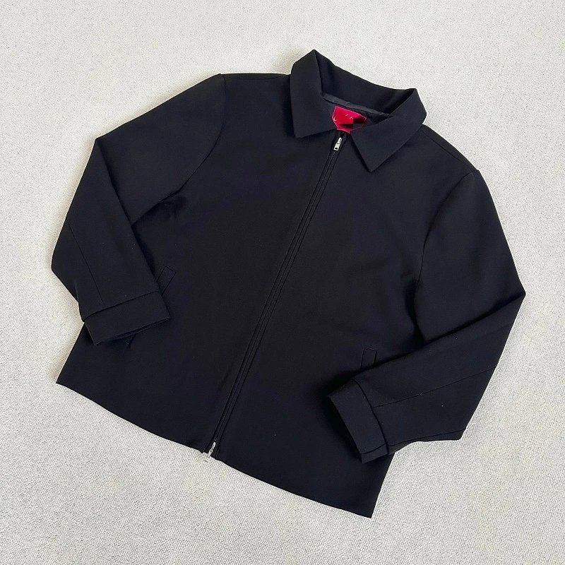 Black Zip-Up Collared Jacket Solid Minimalist Outerwear