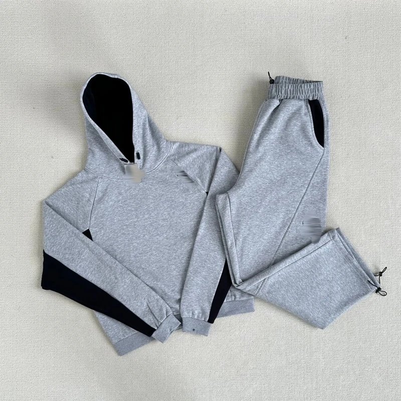 Gray Heather Hoodie and Jogger Set Black Contrast Panels Sporty Loungewear