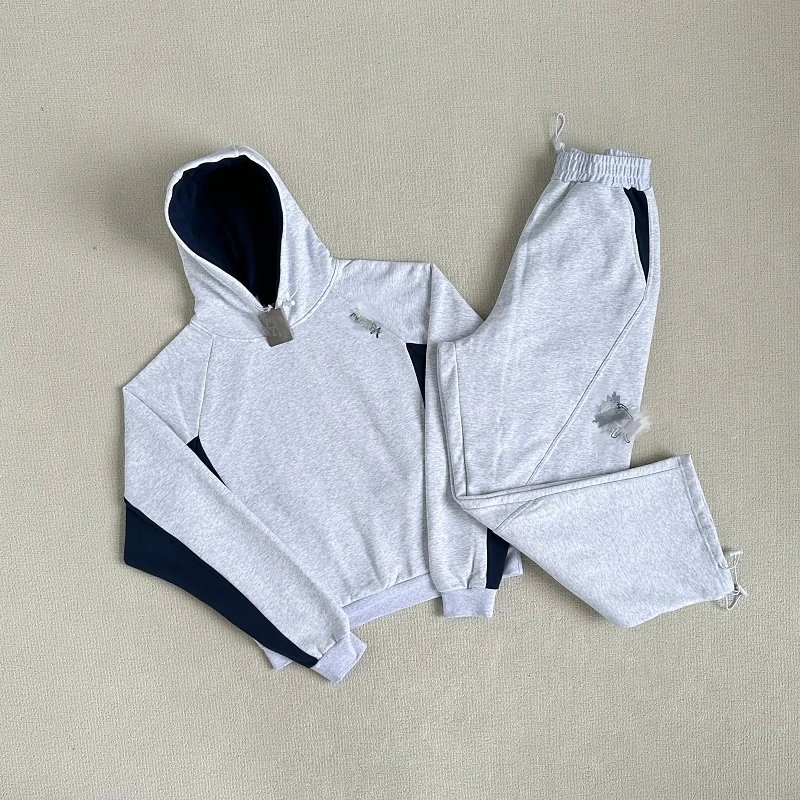 Gray Heather Hoodie and Jogger Set Navy Accent Sporty Two Piece