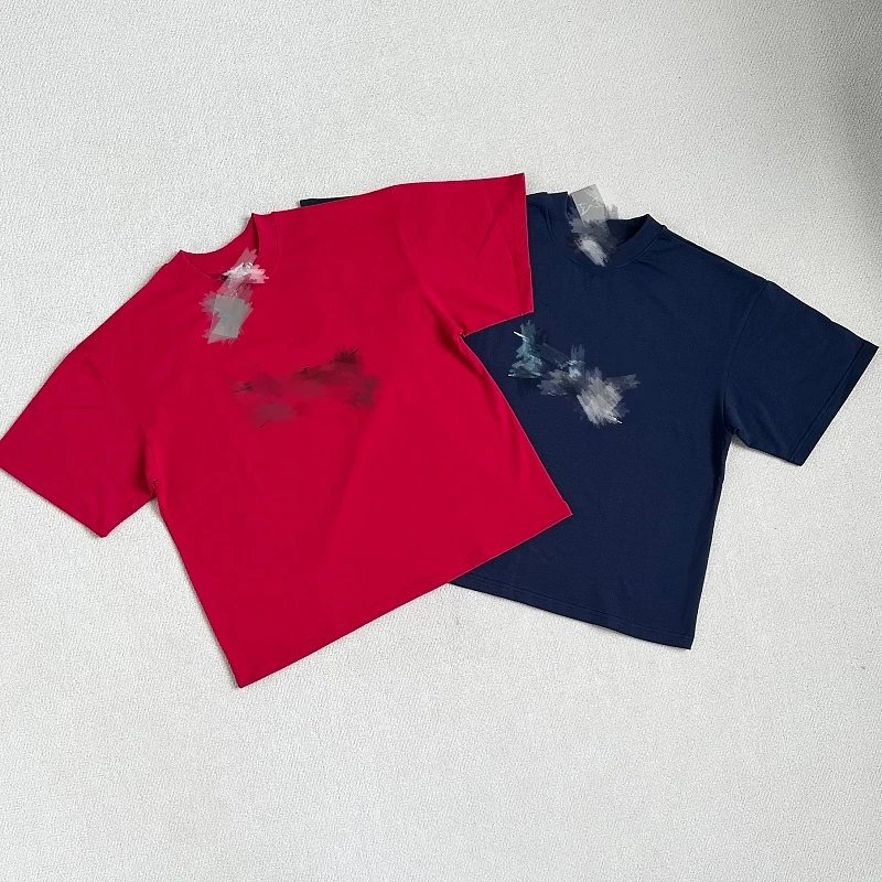 Cotton Short Sleeve T-Shirt Red And Navy Abstract Print Casual