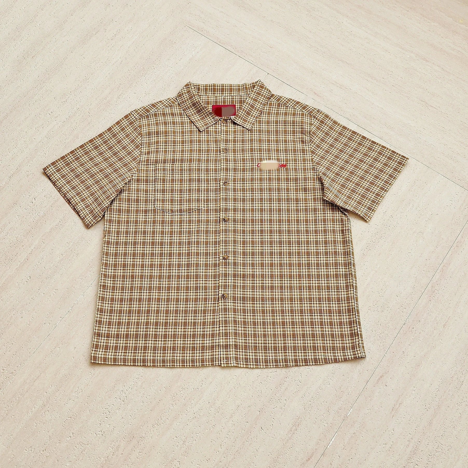 Plaid Short Sleeve Button Up Shirt Beige Brown Casual