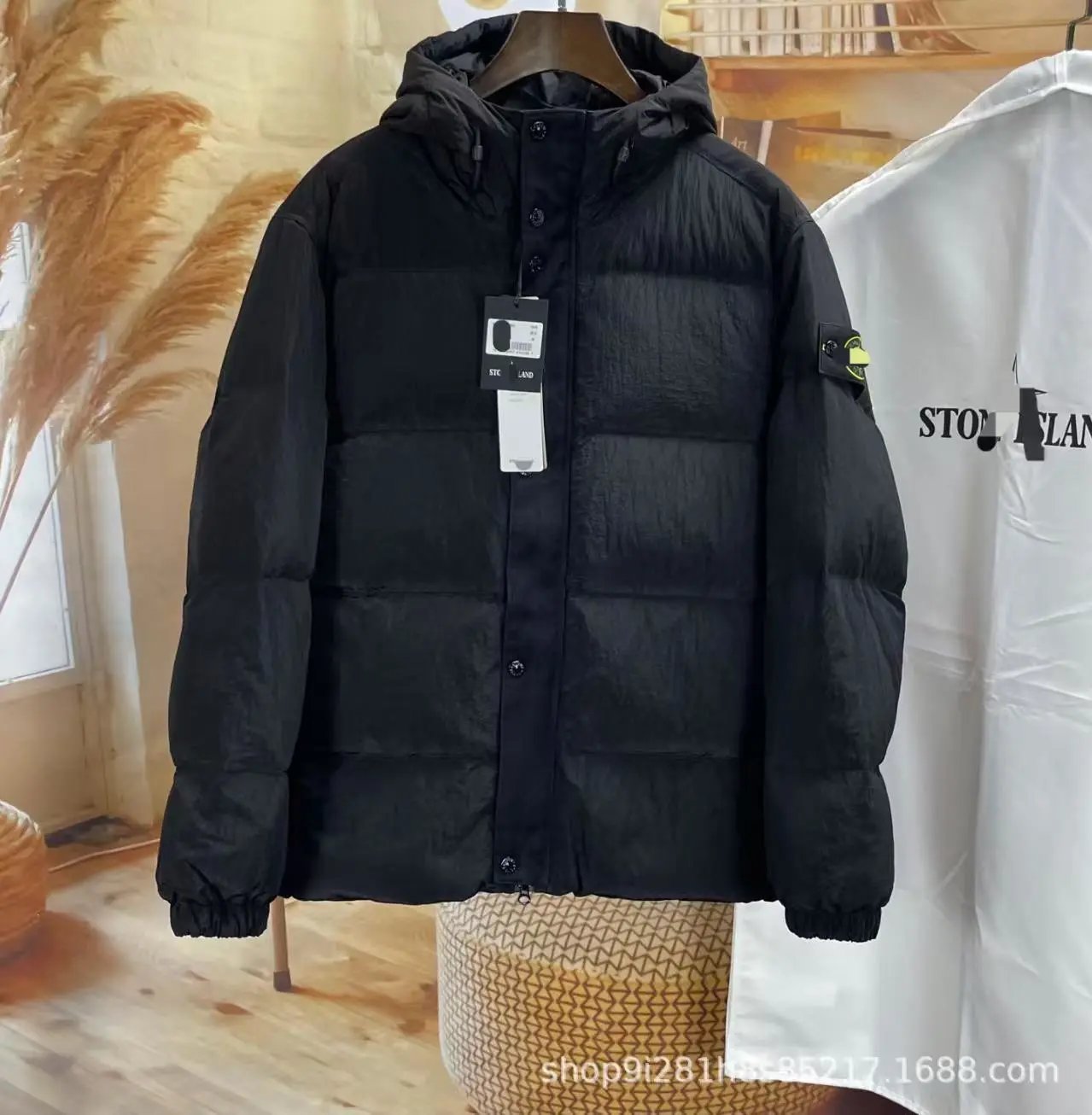 Stüssy Down Jackets Hooded quilted puffer jacket — Stone-Black